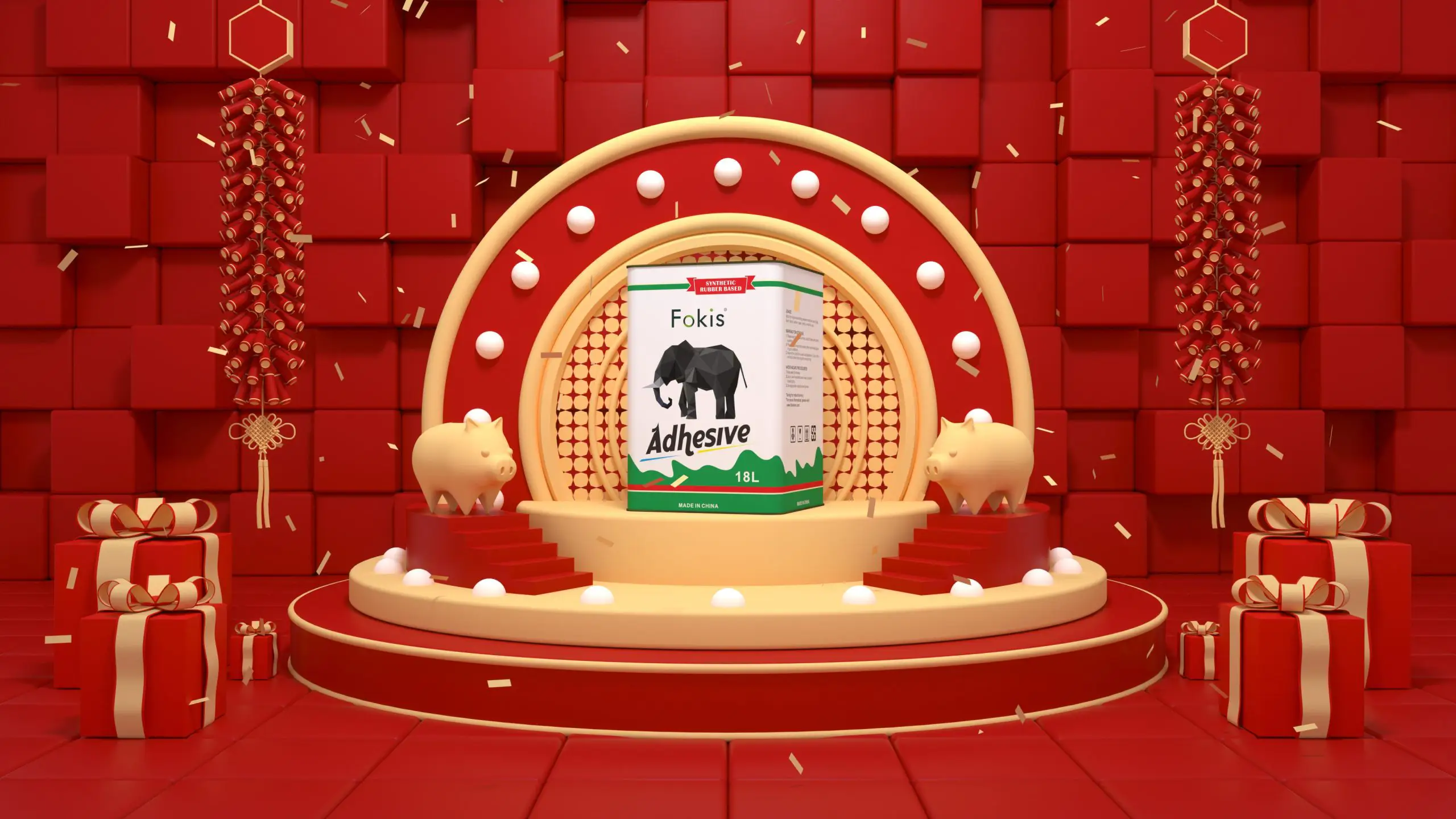 Fokis Chinese New Year ad image: a Fokis product steel drum placed on a stage decorated with festive Chinese New Year elements.