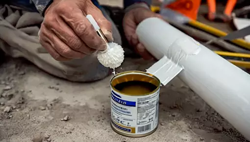 Close-up of a worker applying Fokis PVC adhesive onto a white PVC pipe.