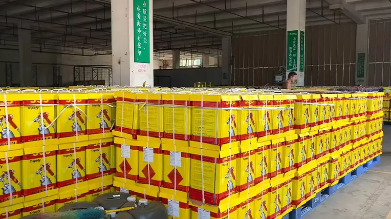A panoramic view of the factory warehouse filled with thousands of drums of Fokis mattress adhesive.