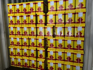 Front view of the successful loading of FOKIS' bulk customized industrial adhesive order for the brand "Tripify," showcasing our integrated capabilities in customized production and global logistics for major clients.