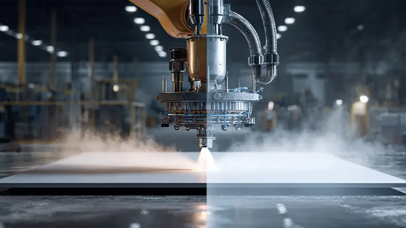 Industrial spray adhesive application system in a modern factory setting — large pressure pot, stainless steel hoses, automated robotic spray arm dispensing a fine mist of adhesive onto a composite panel.