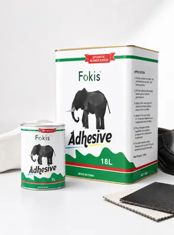 1L and 18L packaging of Fokis 444 industrial PU shoe adhesive next to leather materials.
