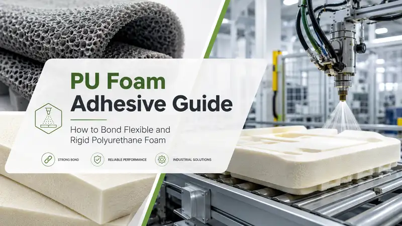 pu-foam-adhesive-guide-article-cover-image Article cover design: featuring a PU foam material image on the left and the effect of adhesive being sprayed onto PU foam on the right, with the title "PU Foam Adhesive Guide."