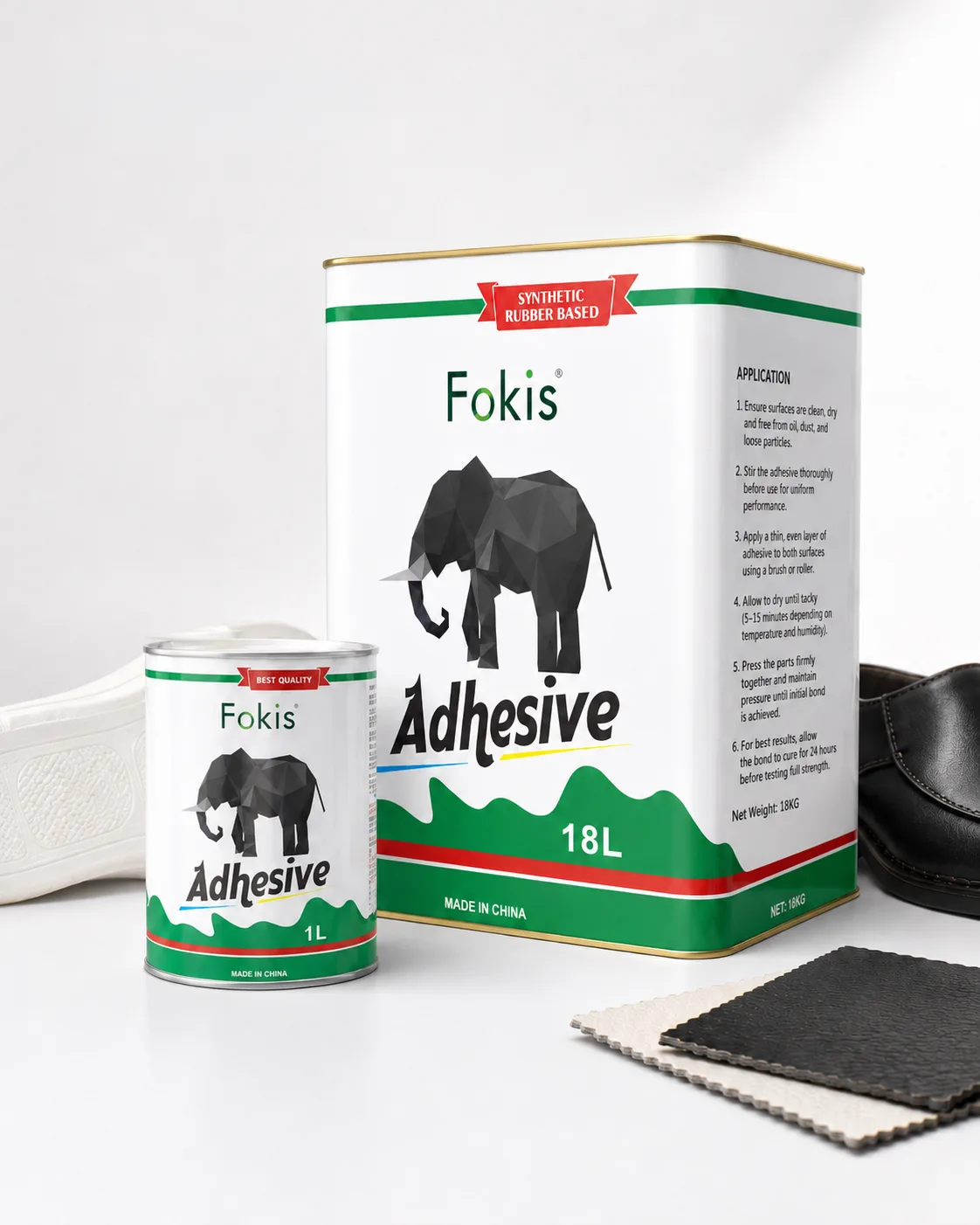fokis-444-industrial-pu-shoe-adhesive-packing Fokis 444 industrial pu shoe adhesive packing displayed with leader and shoe. The image highlights its application in footwear manufacturing.