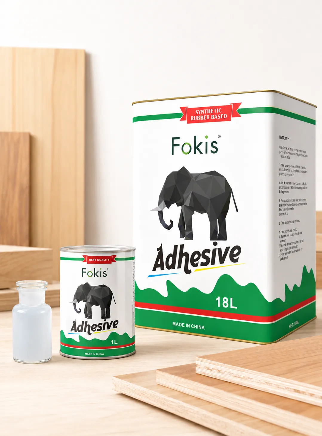 Fokis 8021 wood adhesive packaging for furniture and woodworking.