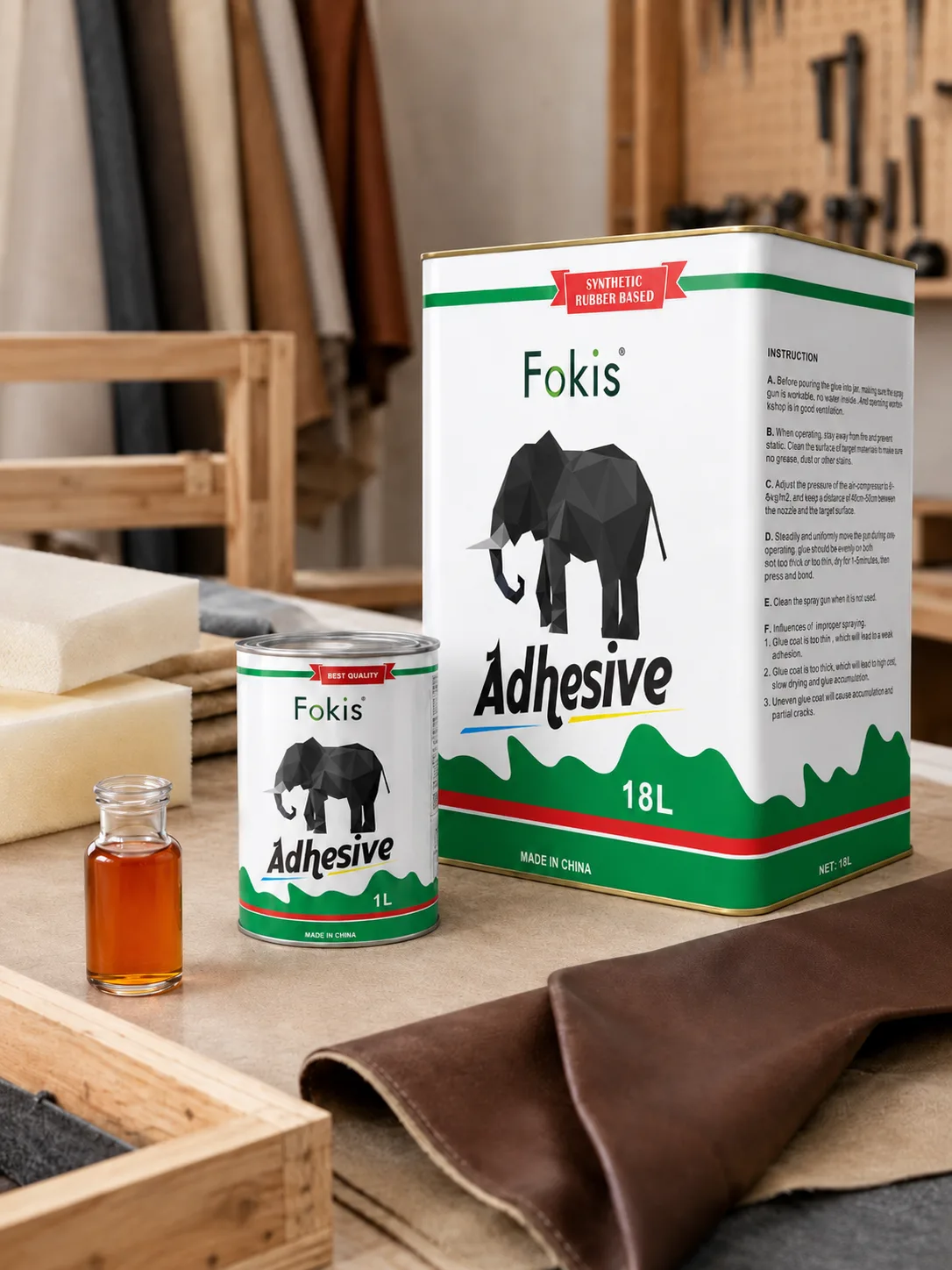 fokis-893-industrial-spray-adhesive-for-furniture-packaging Fokis 893 industrial spray adhesive for furniture packing displayed with furniture materials, including foam, leader, and wood. The image highlights its application in furniture manufacturing.