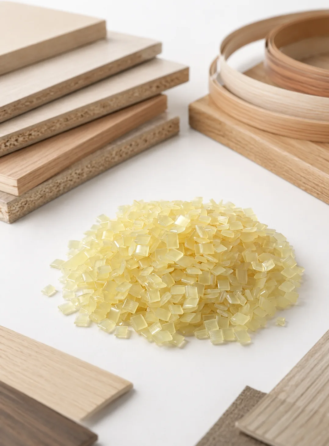 Fokis PW700 hot melt adhesive granule displayed with woodworking materials, including MDF boards, plywood, veneer, and edge banding strips. The image highlights its application in furniture manufacturing, edge banding, profile wrapping, and wood panel bonding.