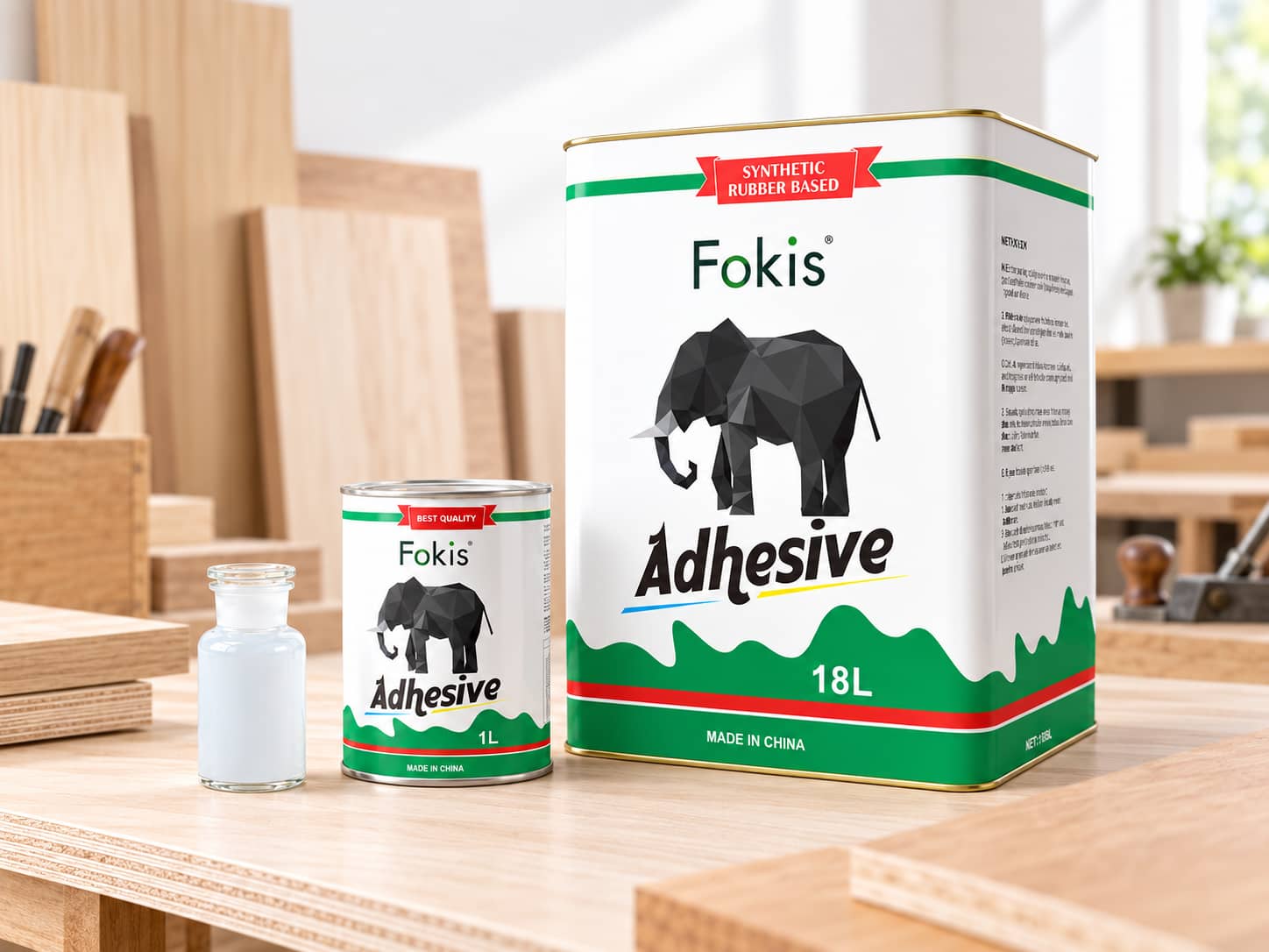 Fokis 8021 wood adhesive packaging for furniture and woodworking.