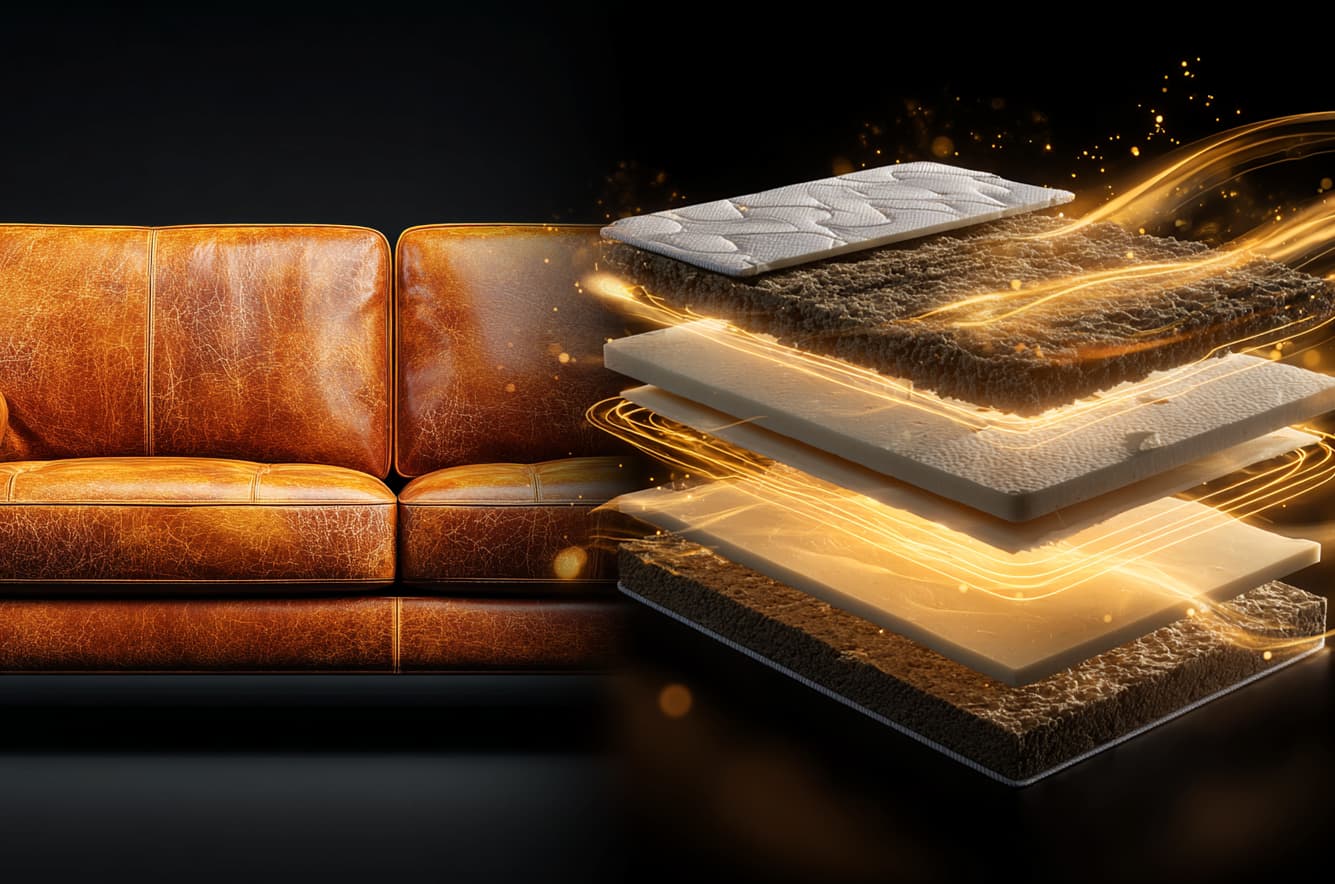 Foam & Upholstery Adhesive Solutions – Fokis Leather sofa beside an exploded view of mattress foam and fabric layers.