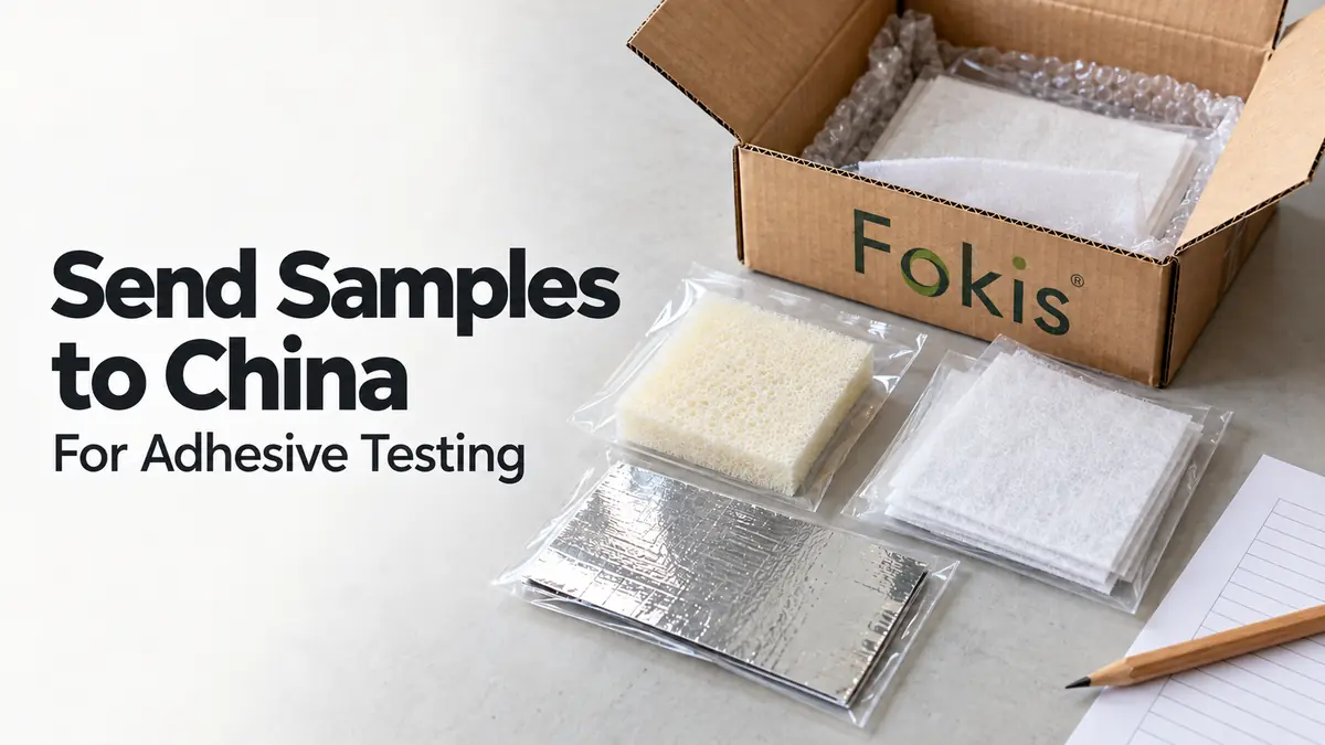 fokis-international-sample-shipping-cover Foam, nonwoven fabric and aluminum foil samples prepared for adhesive testing in China.