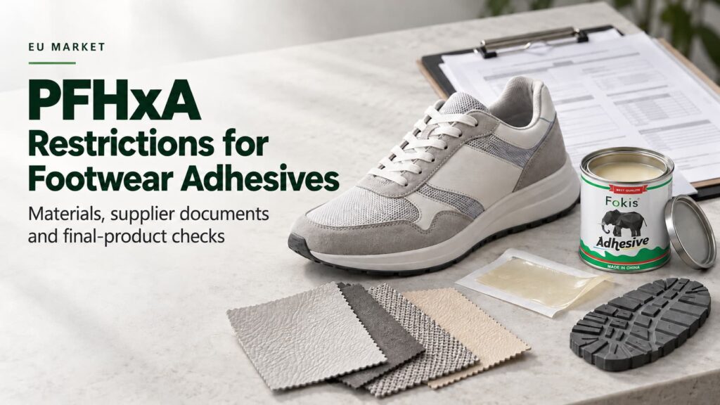 Fokis adhesive can beside a shoe, leather and fabric samples, and supplier documents for PFHxA checks.